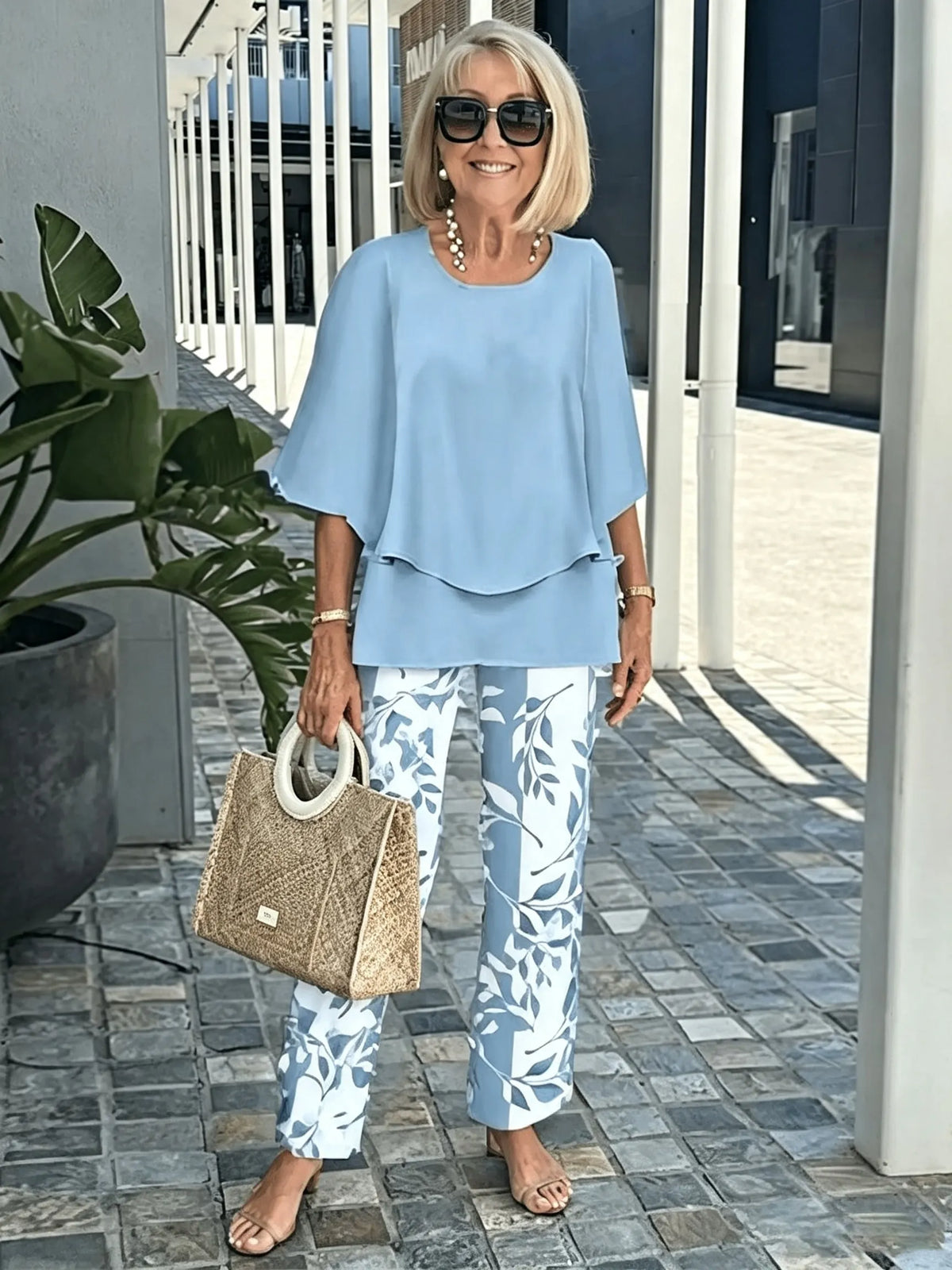 Women's 2 Piece Outfits Set, Crew Neck Flutter Sleeve Layered Blouse & Leaf Print Straight Leg Pants, Casual Loose Matching Two Piece Set for Summer Daily Wear