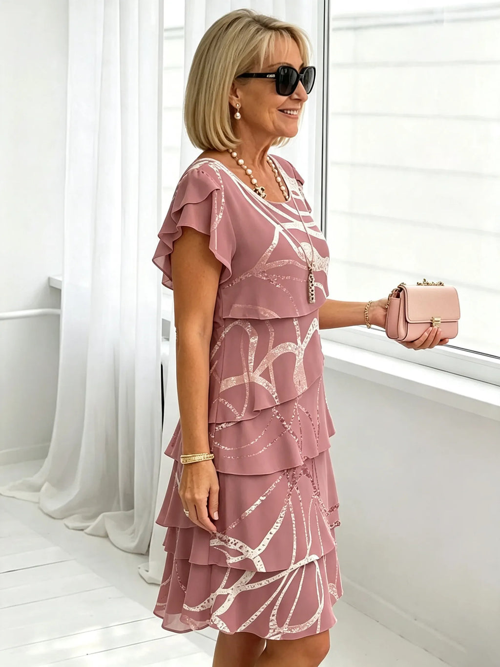 Women's Floral Print Tiered Chiffon Dress, Short Flutter Sleeve Loose Multi-Layer Tummy Covering Shift Dress, Casual Summer Flowy Dress for Daily Vacation Beach